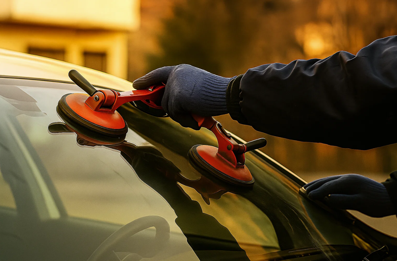 Before and after comparison of a repaired rock chip on a windshield